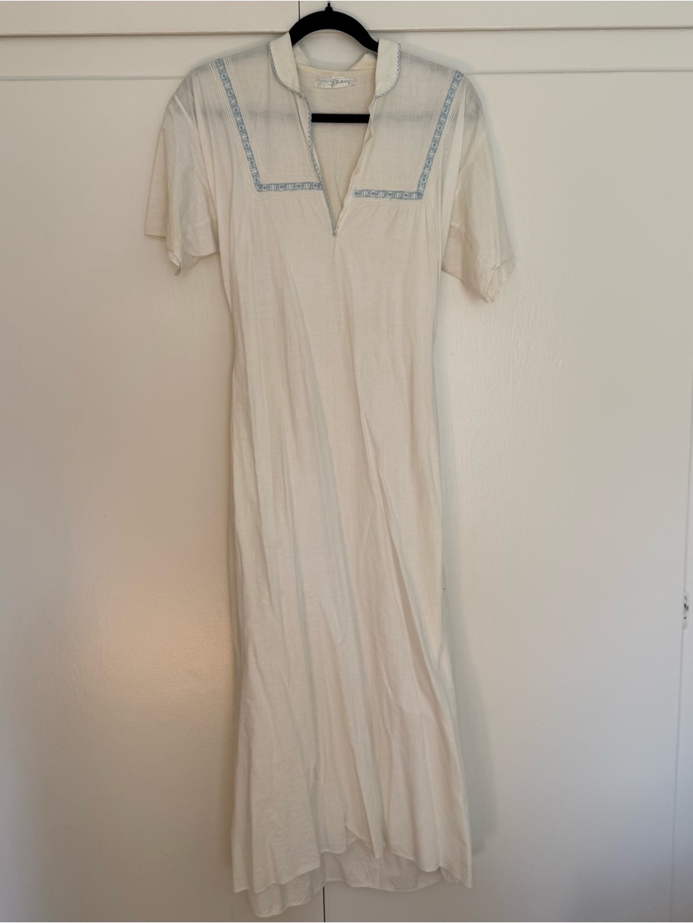 Vintage Ivory Midi Dress with Blue Trim